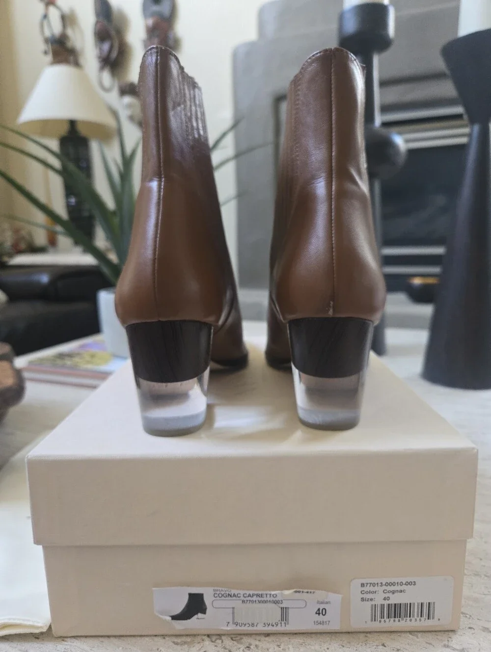 *Birman* Bravo Ankle Bootie with Clear Block Heel In Cognac Leather - Size 9/40
